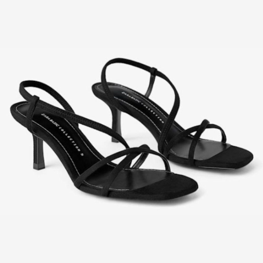 Zara Mid-Height Heeled Elastic Strap Sandals in Black